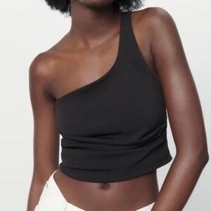 ✨Zara Women's Black One Shoulder Ruched Asymmetrical Tank Cropped Trendy Top